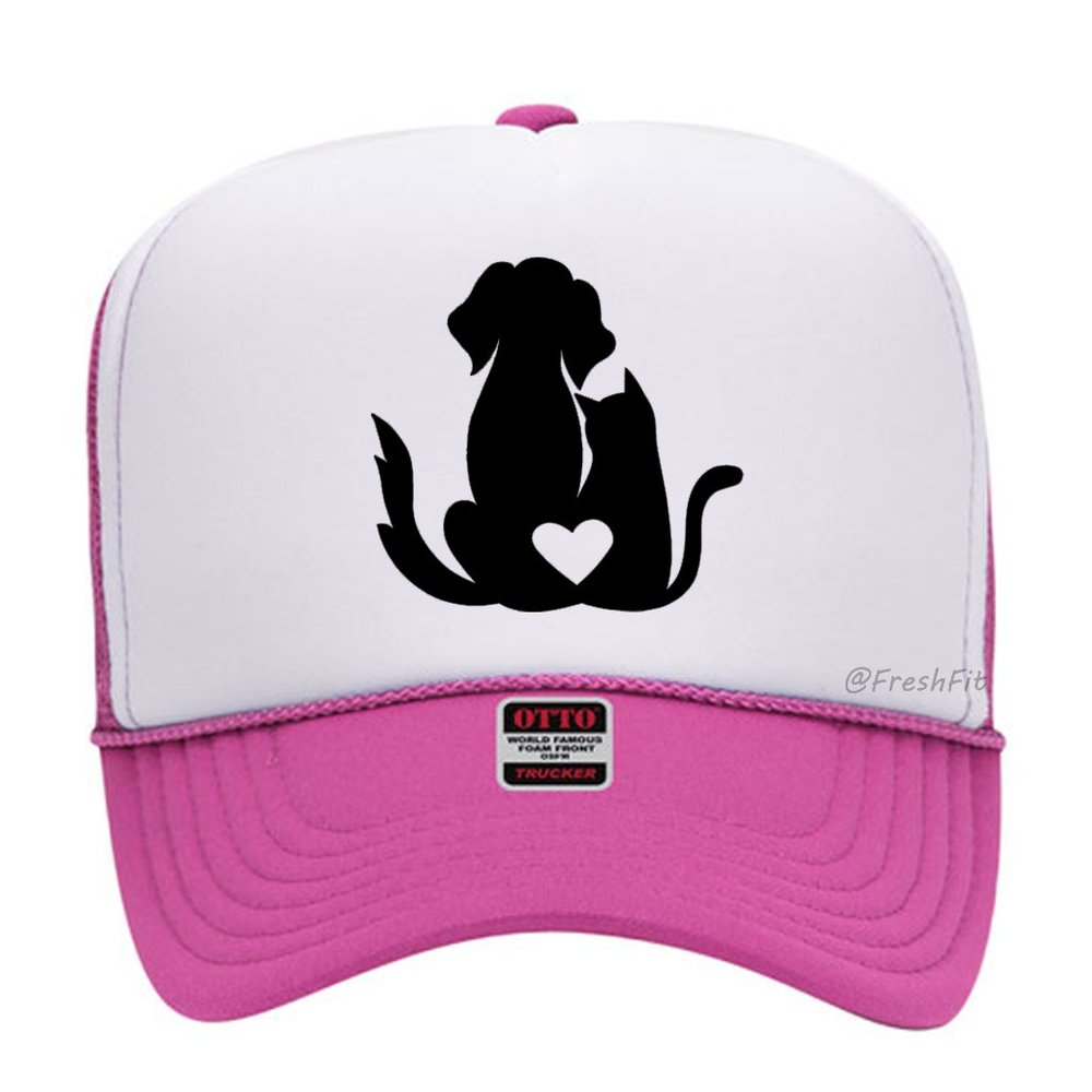 🆕Dog Cat Heart Pet Love Foam Trucker Hat Mesh Snapback Cap Hot Pink/White